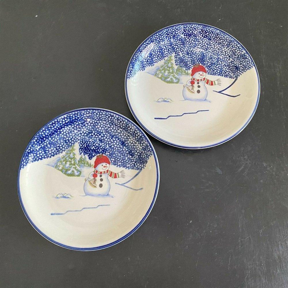 Vintage Thomson Pottery Snowman Dinner Plates Set of 2 Heavy